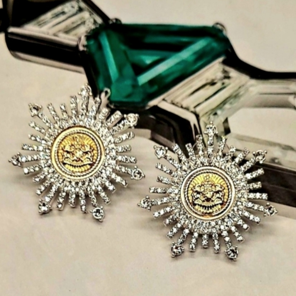 Vintage Estate Crystal Starburst Royal Palace Crest Silver & Gold Earrings